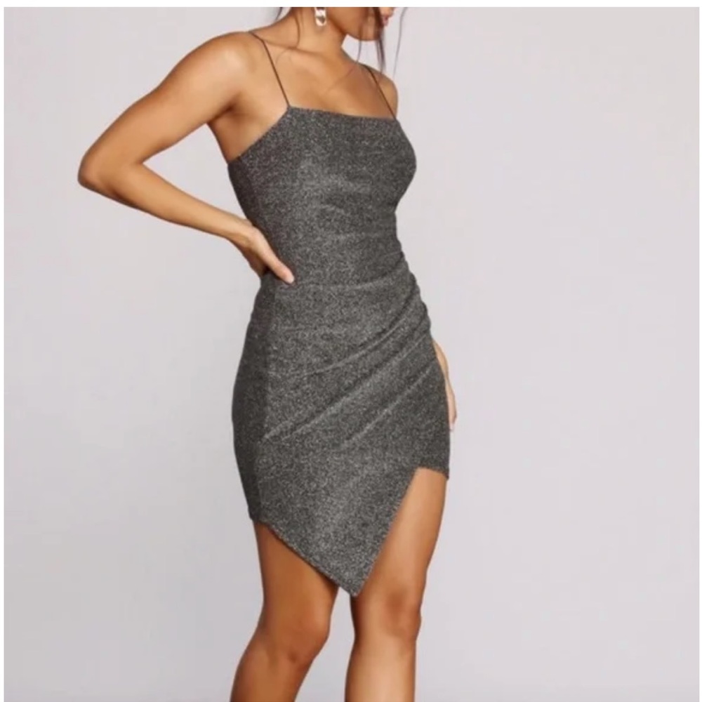 Sparkle Silver Stretchy Asymmetrical Cocktail Dress